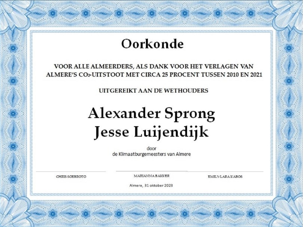 Oorkonde voor duurzame Almeerders voor het verlagen van CO2-uitstoot