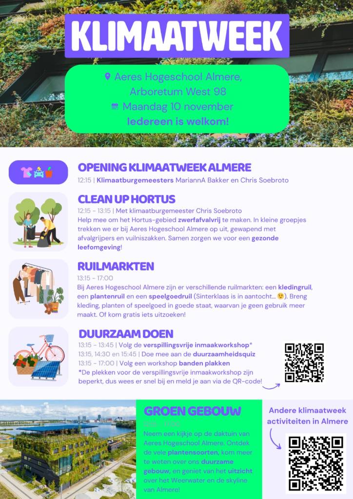 Aeres Hs-Green Up Day-ma 10 nov.- duurzaam en groen inspiratie-activiteiten-Klimaatweek Almere ism klimaatburgemeesters